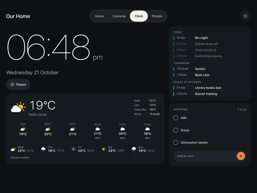 Hallpane clock view with weather and calendar