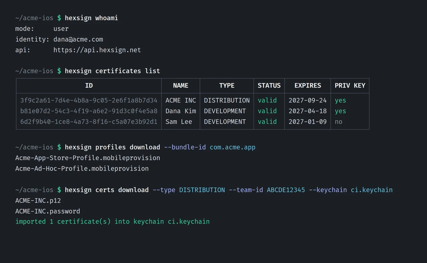 HexSign command line listing certificates and downloading profiles into a CI keychain